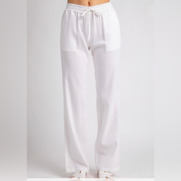 Pants - Last New Linen Woven Solid Pants Classic Style Drawstring Pockets White